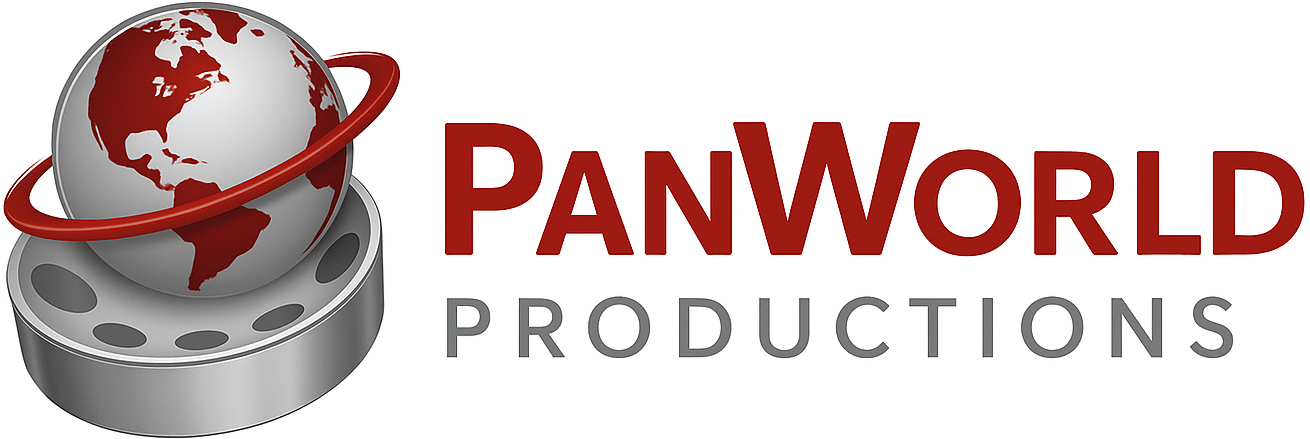 Logo of PanWorld Productions featuring a red and gray globe with film reel base and red text reading "PanWorld Productions." This PanWorld-Productions-Logo-Design-Vertical-Resized version offers a striking, professional look.